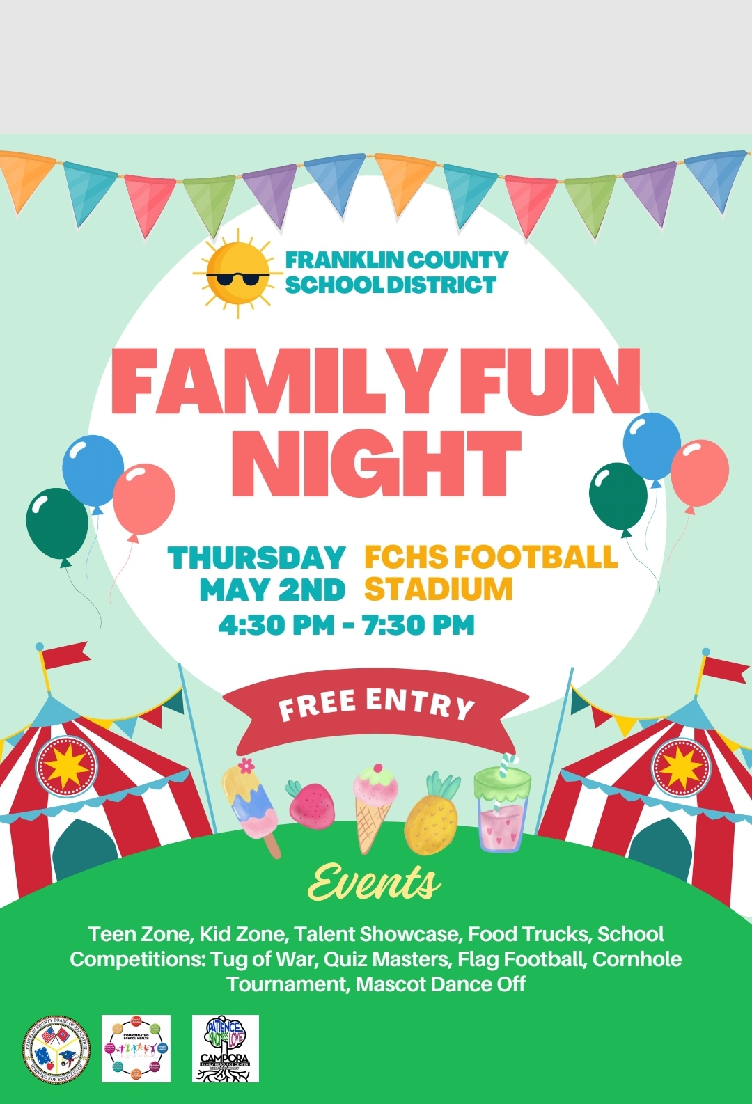 Franklin County School District Family Fun Night, Thursday May 2nd at the FCHS Football Stadium, Free Entry, Events include teen zone, kid zone, talent showcase, food trucks. School competitions include tug of war, quiz masters, flag football, cornhole tournament, mascot dance off.