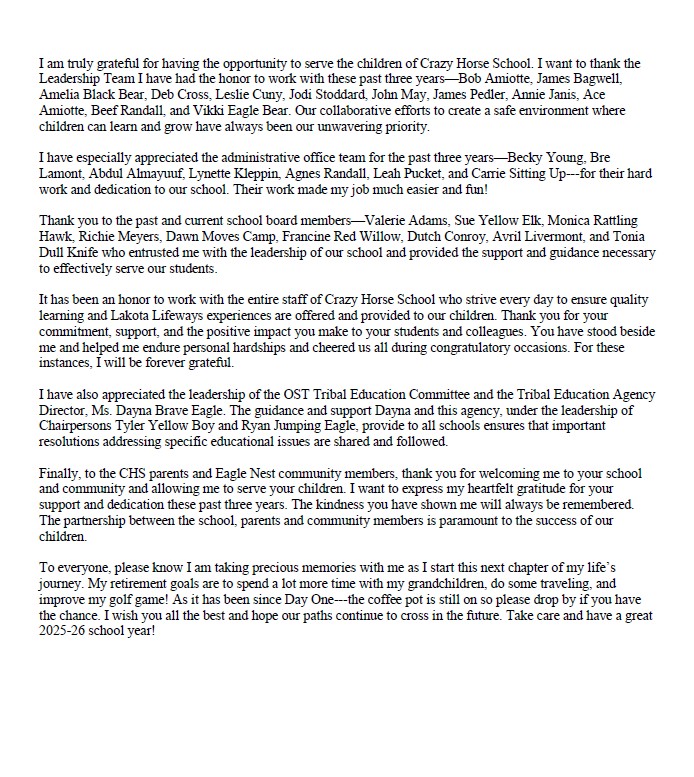 Letter from superintendent