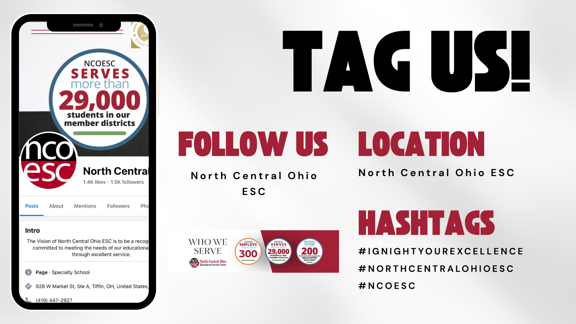 gray background with a cell phone image showing NCOESC Facebook page