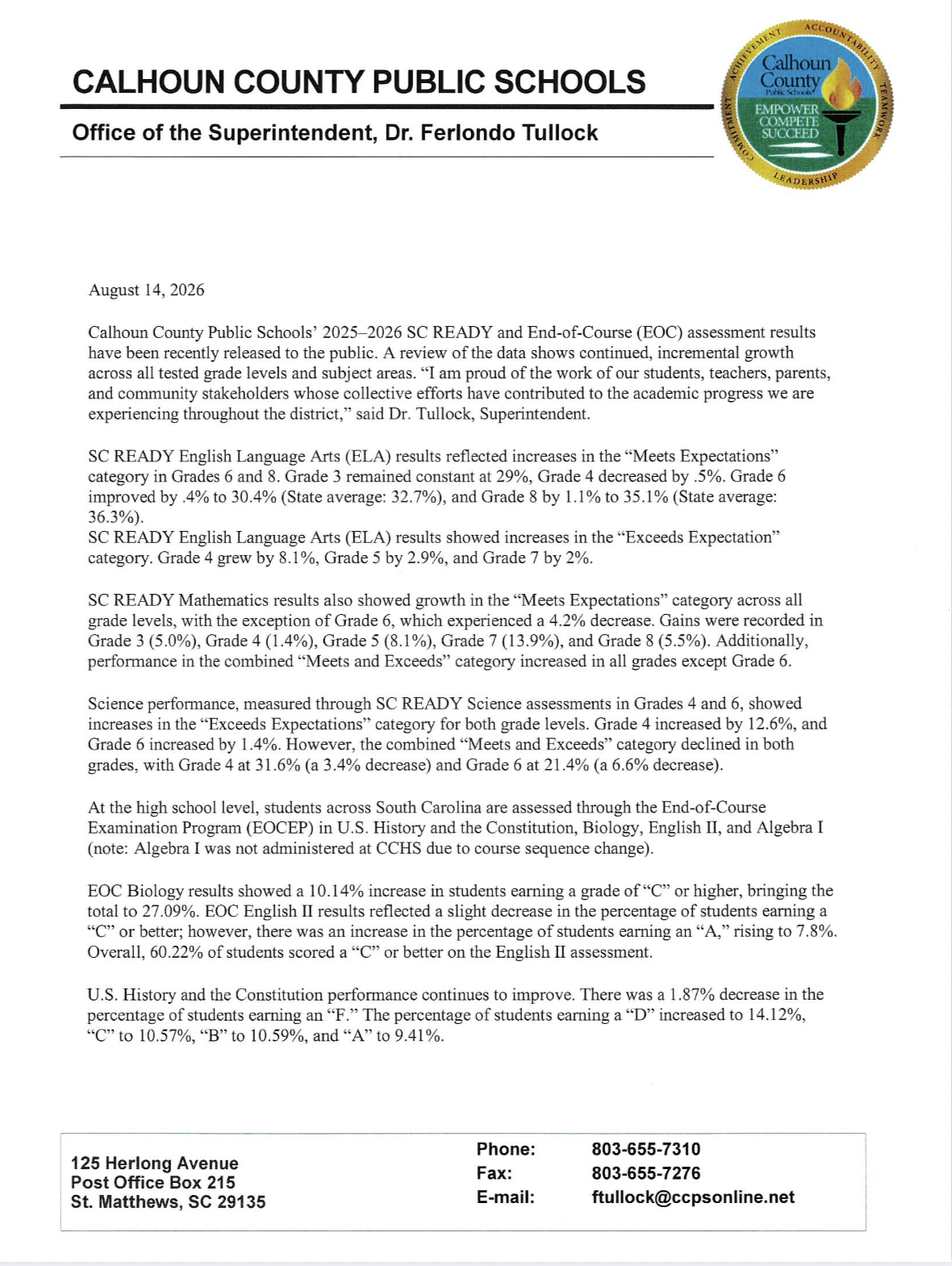 SC Ready Scores Letter from Dr. Tullock