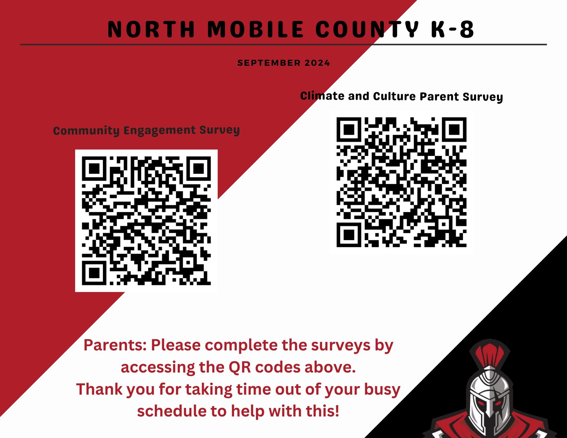 North Mobile QR Codes for the Community Engagement Survey and the Climate and Culture Parent Survey