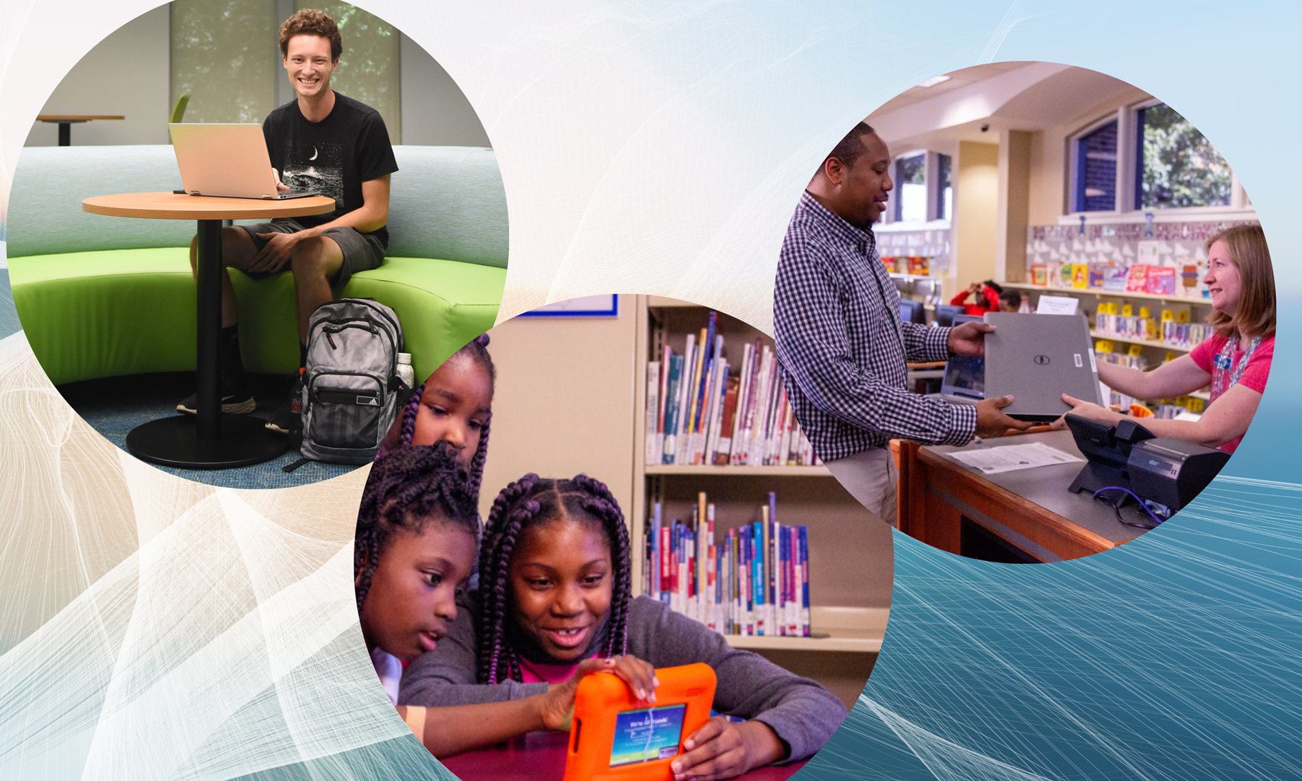 Photos of patrons with laptops and launchpads