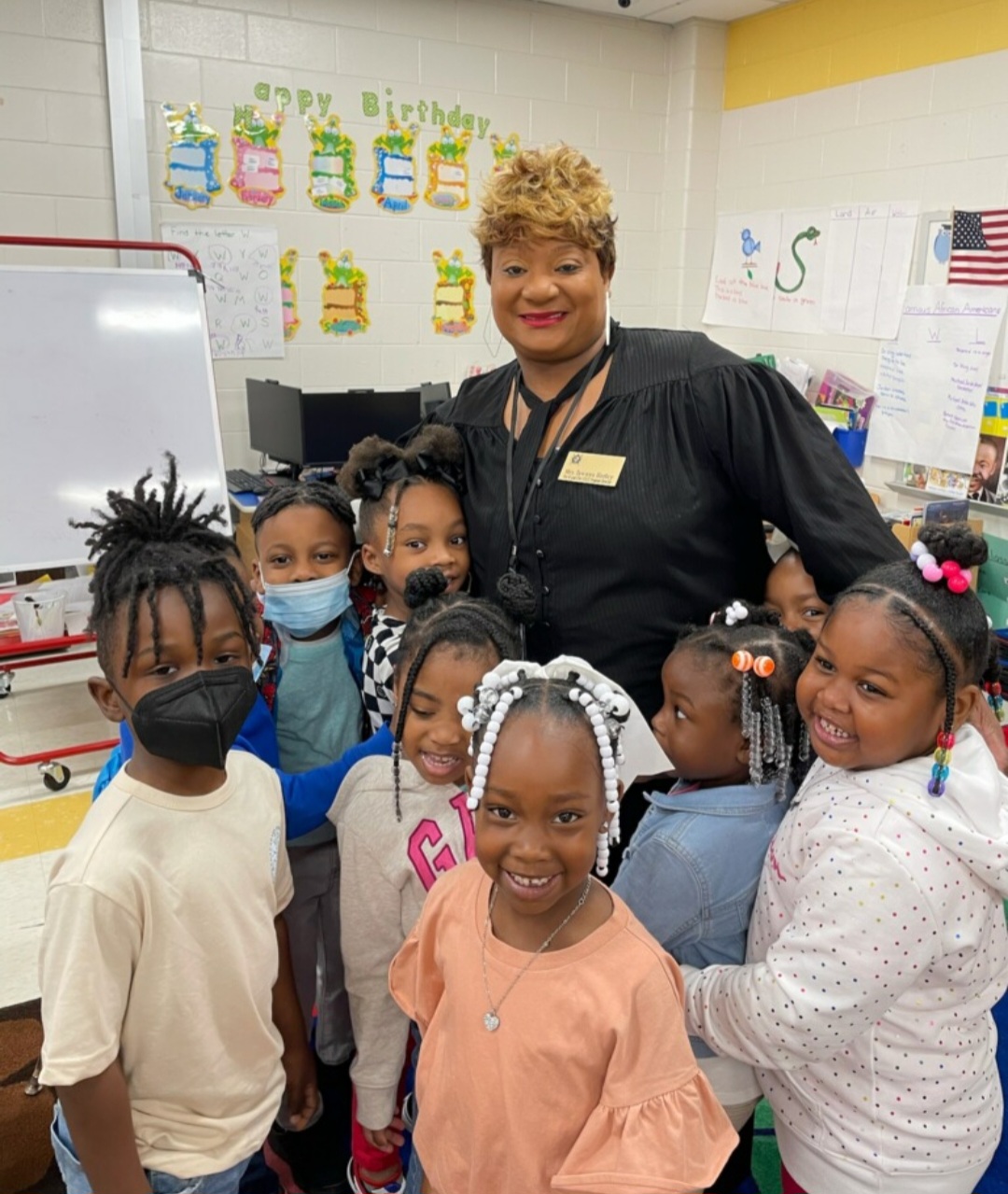 Mrs. Hadley with Pre-K students.