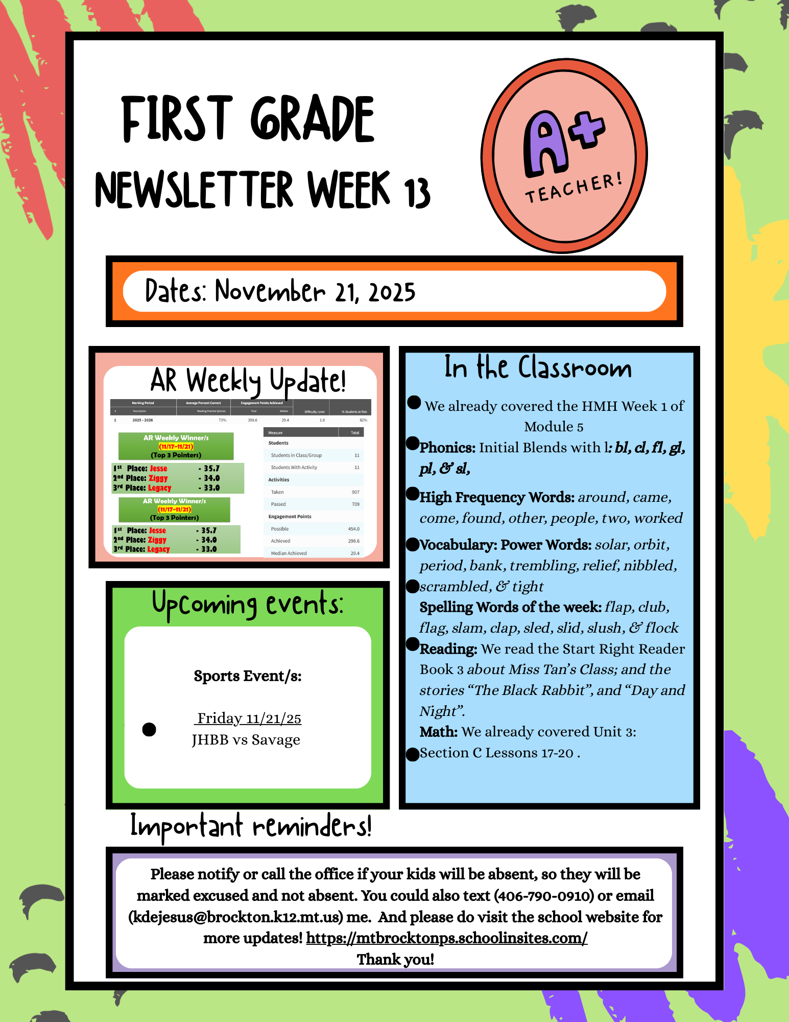 First Grade Newsletter Week 13
