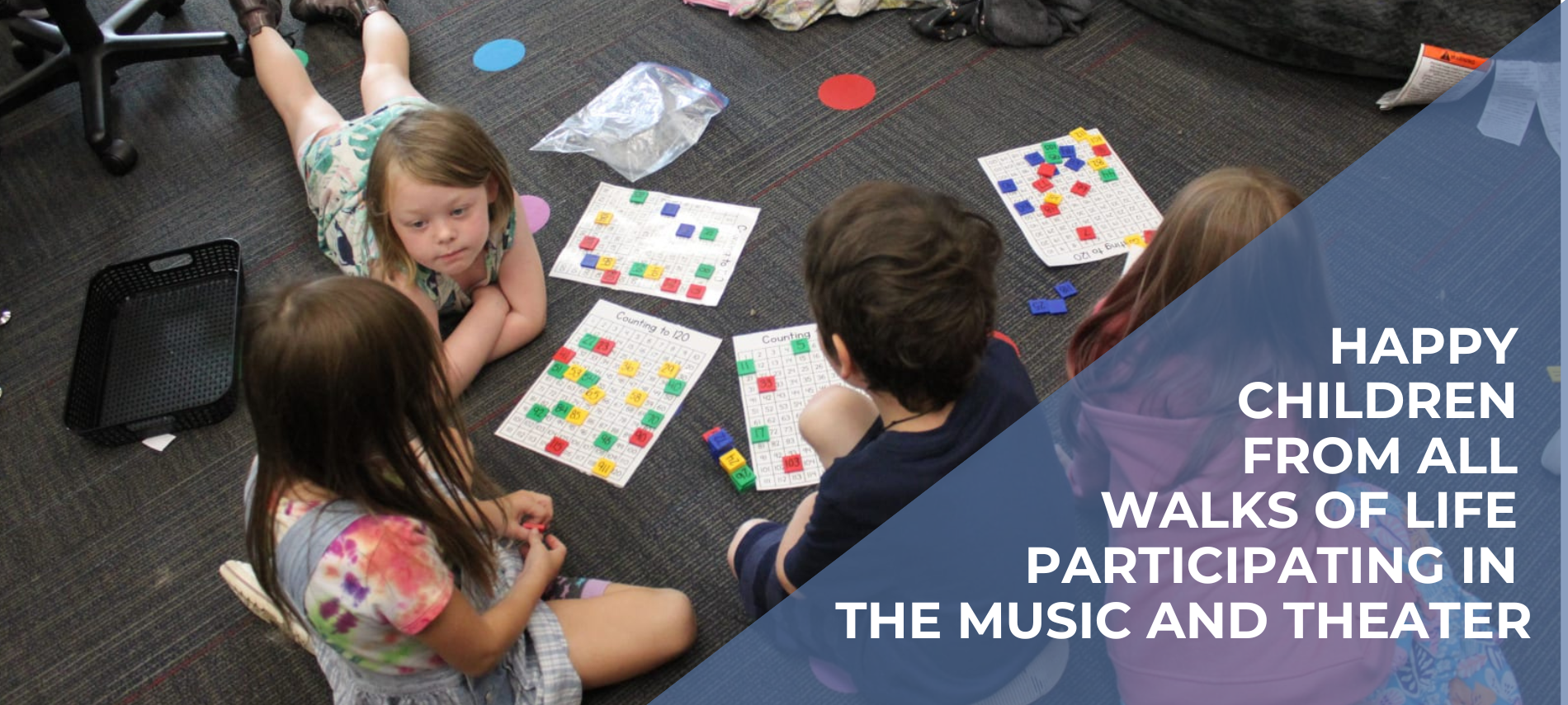 Happy children from all walks of life participating in the music and theater text over children in a classroom