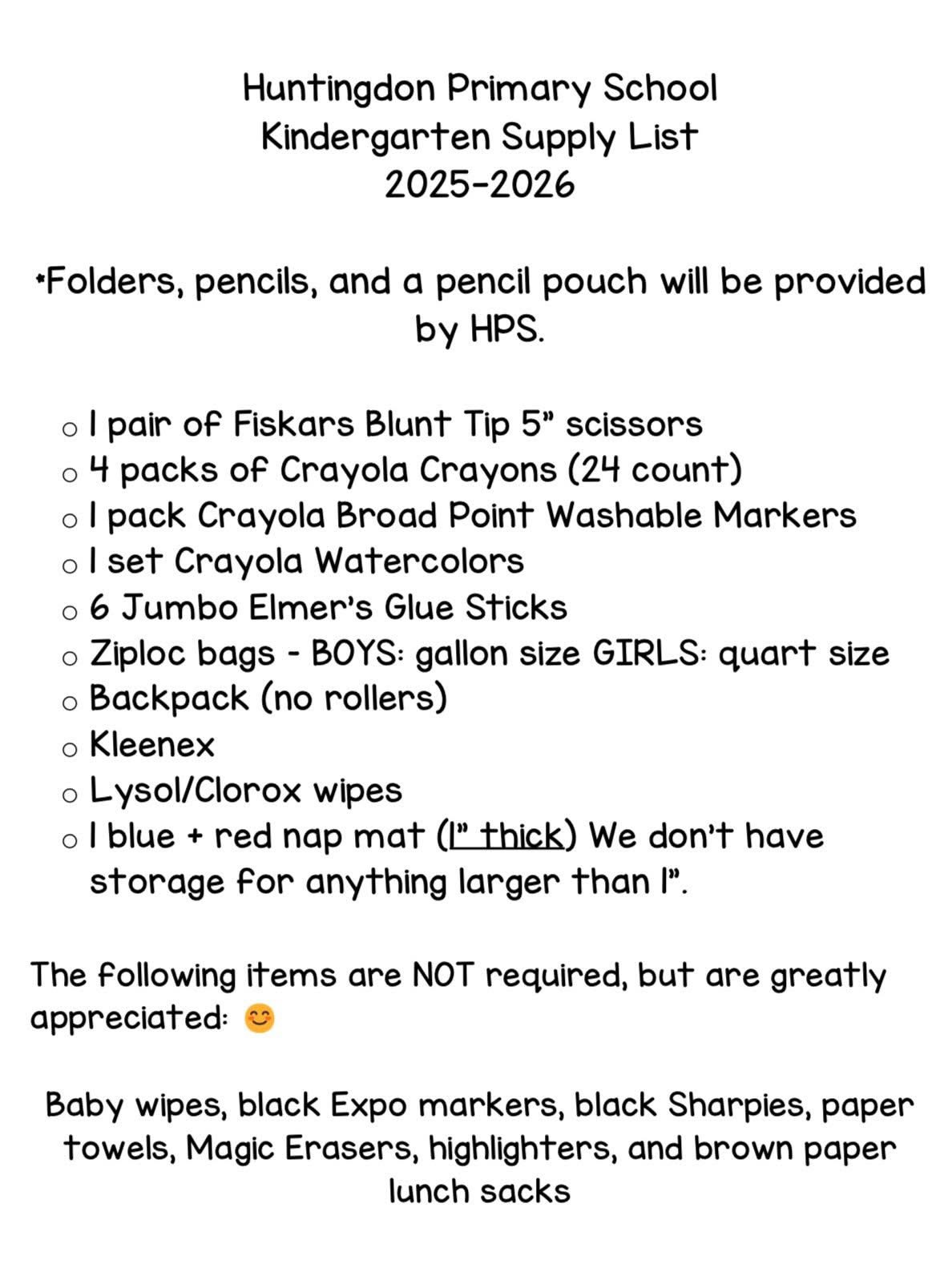 Kindergarten Supply List