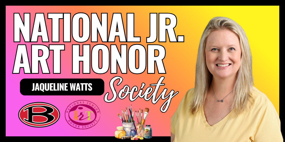 National Junior Art Honor Society graphic with photo of sponsor Jaqueline Watts
