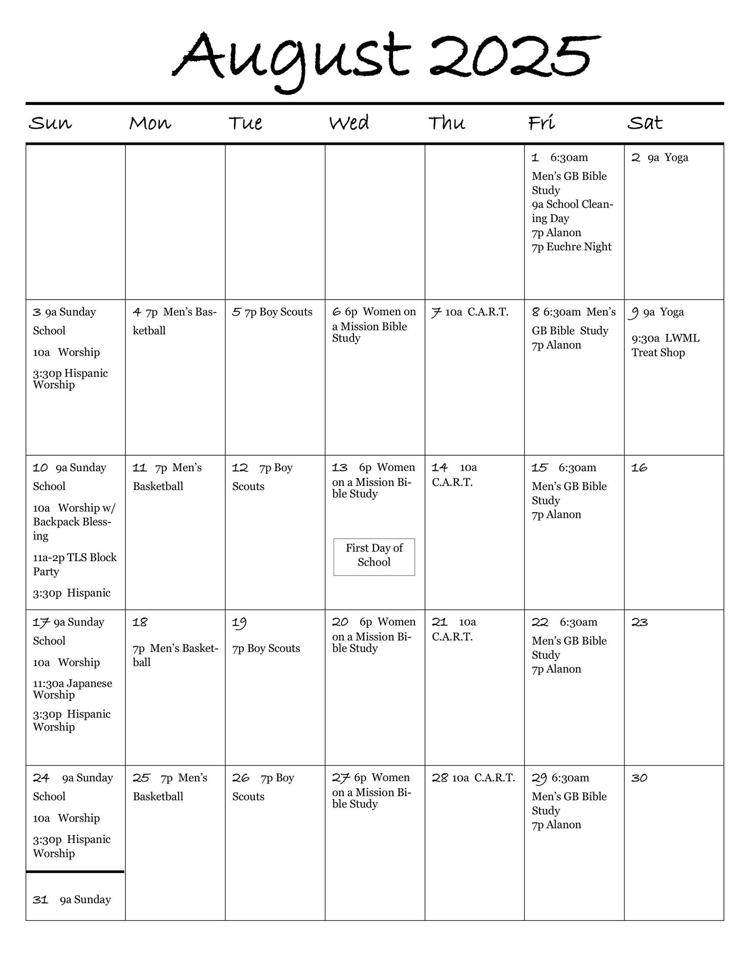 August Calendar