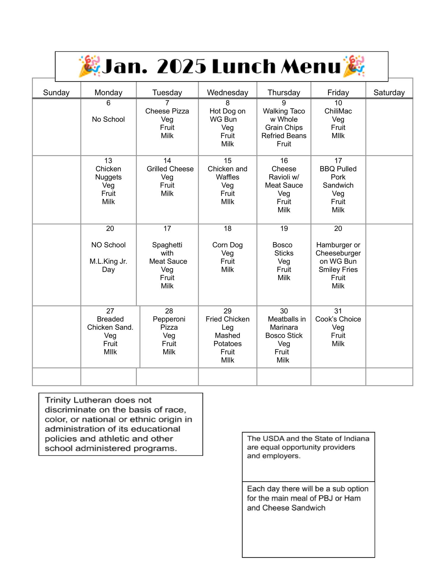 January Lunch Menu