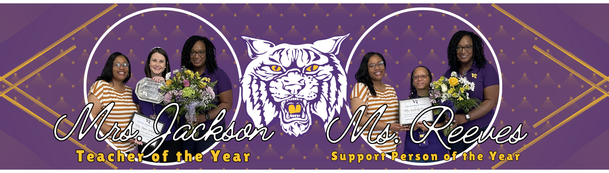 Photos of Jaynie Jackson, teacher of the year and Kimberly Reeves, support person of the year along with the admin and a wildcat face.
