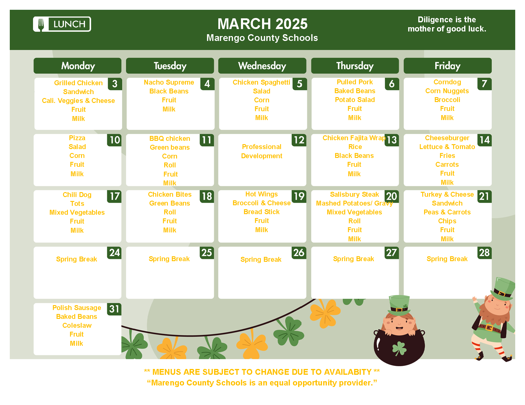 March 25 Lunch menu