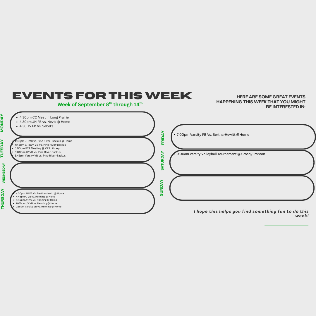 Sports events for the week   Monday Sept. 8th 4:30 pm CC Meet in Long Prairie 4:30 pm JH FB vs. Nevis @ home 4:30 pm JV FB vs. Sebeka @ Sebeka Tuesday Sept. 9th 4:30pm JH VB Vs. PVB Vs. Pine River-Backus @ Home 4:45 pm C Team VB Vs. PVB Vs. Pine River-Backus @ PRB 6:00pm JV VB Vs. PVB Vs. Pine River-Backus @ PRB 6:45pm Varsity VB Vs. PVB Vs. Pine River-Backus @ PRB Wednesday Sept. 10th Thursday Sept. 11th 4:30pm JH FB Vs. Bertha-Hewitt @ Home 4:45pm C VB vs. Henning @ Home 4:45pm JH VB vs. Henning @ Home 6:00pm JV VB vs. Henning @ Home 7:15pm Varsity VB vs. Henning @ Home Friday Sept. 12th  7:00pm Varsity FB Vs. Bertha-Hewitt @Home