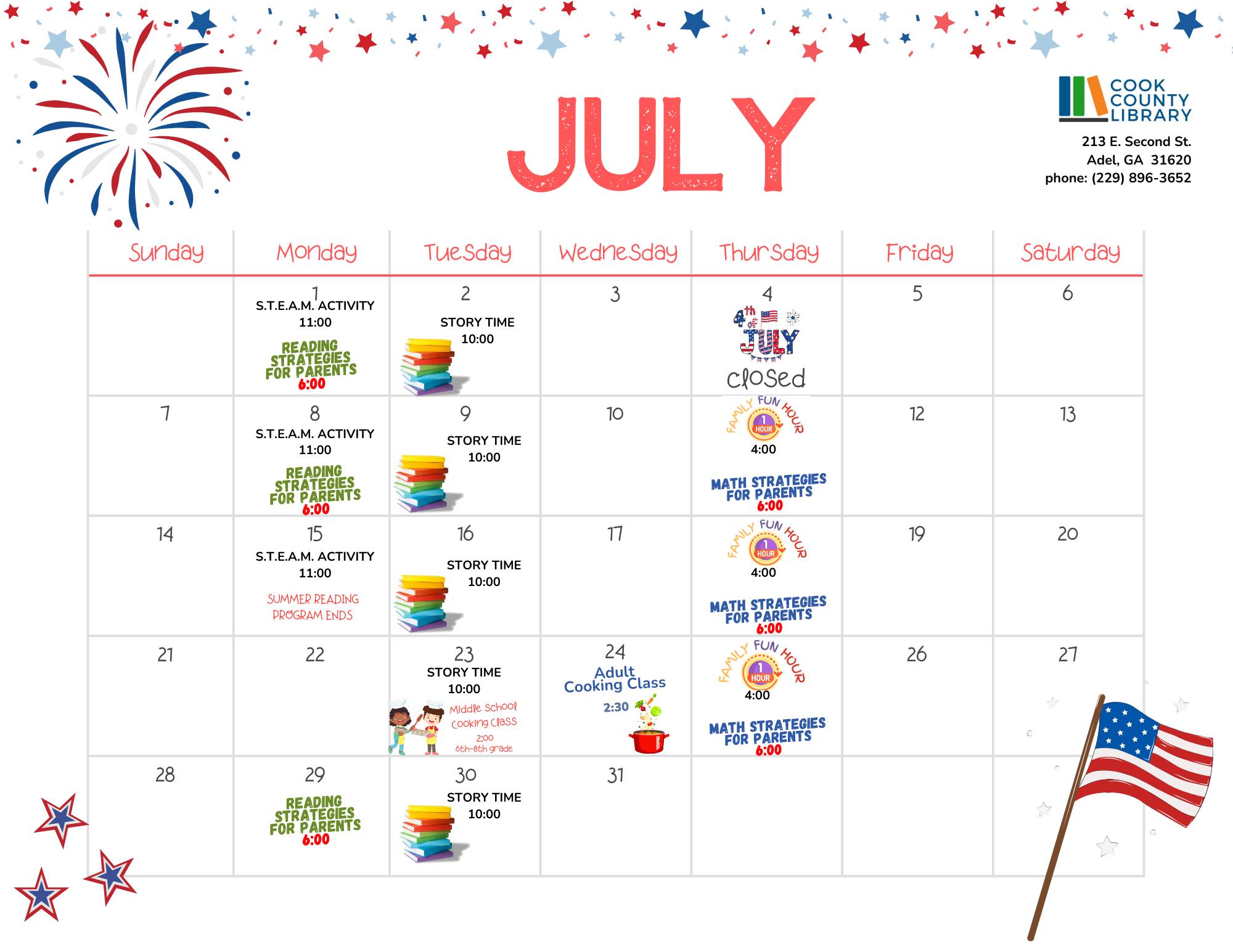 July Calendar for Cook County Library