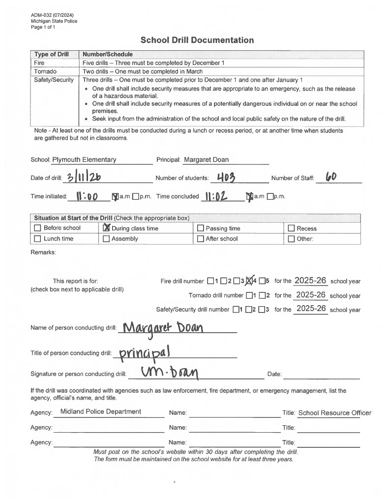 Form for Plymouth Elementary's fourth fire drill of 2025-2026