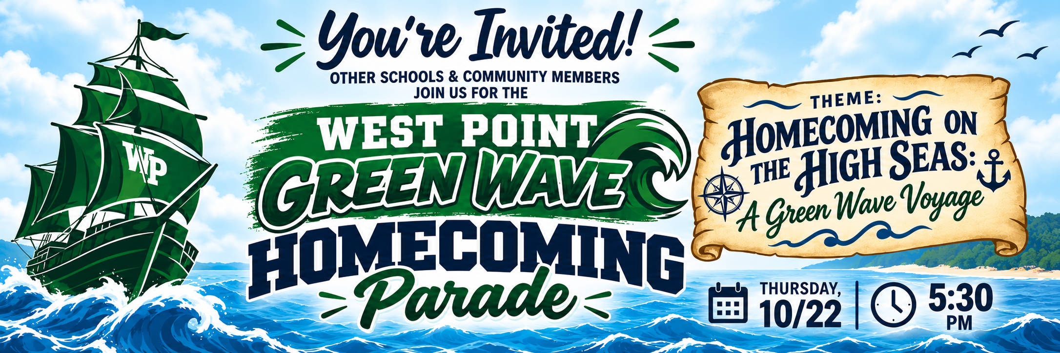 West Point Green Wave Homecoming Parade flyer announcing the October 22 parade at 5:30 p.m. with the theme “Homecoming on the High Seas: A Green Wave Voyage.”