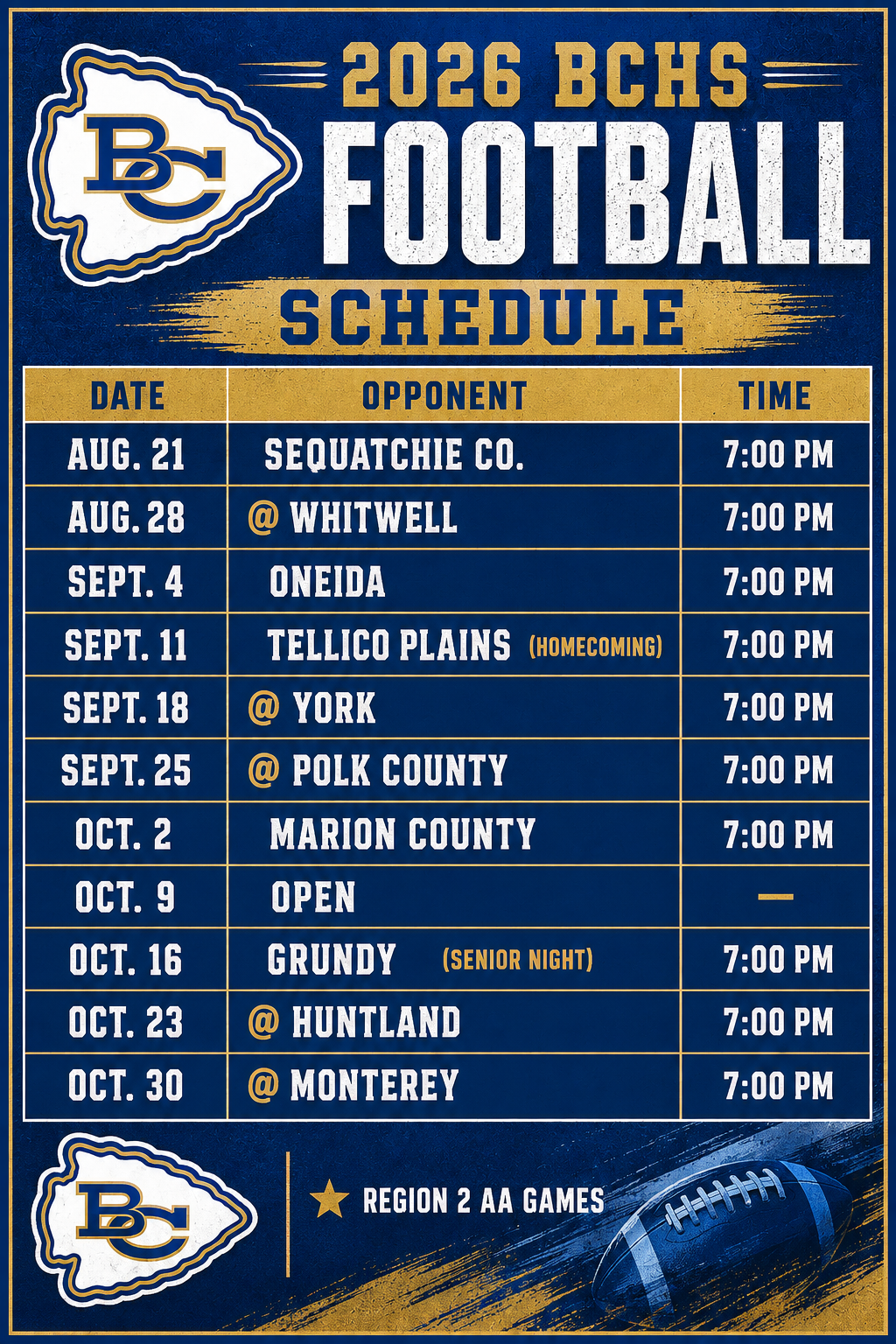 2026 BCHS Football Schedule