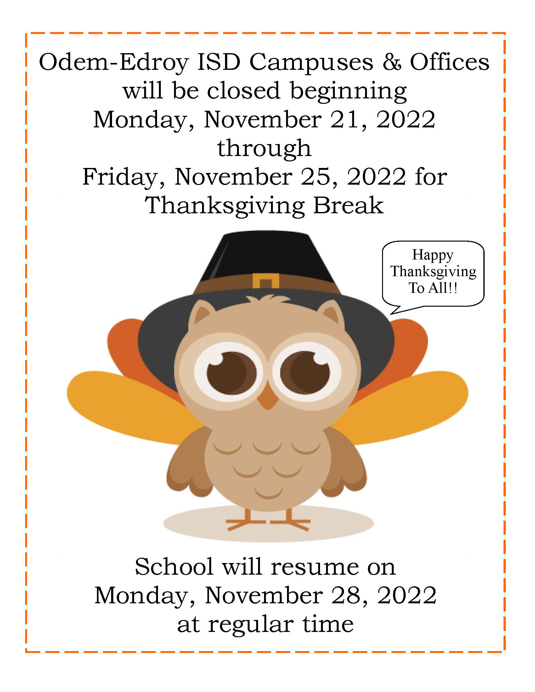 Thanksgiving Holiday Notice