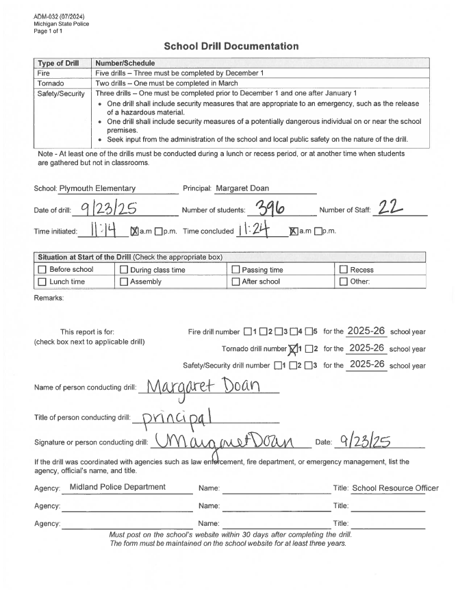 Form for Plymouth Elementary's first tornado drill of 2025-2026