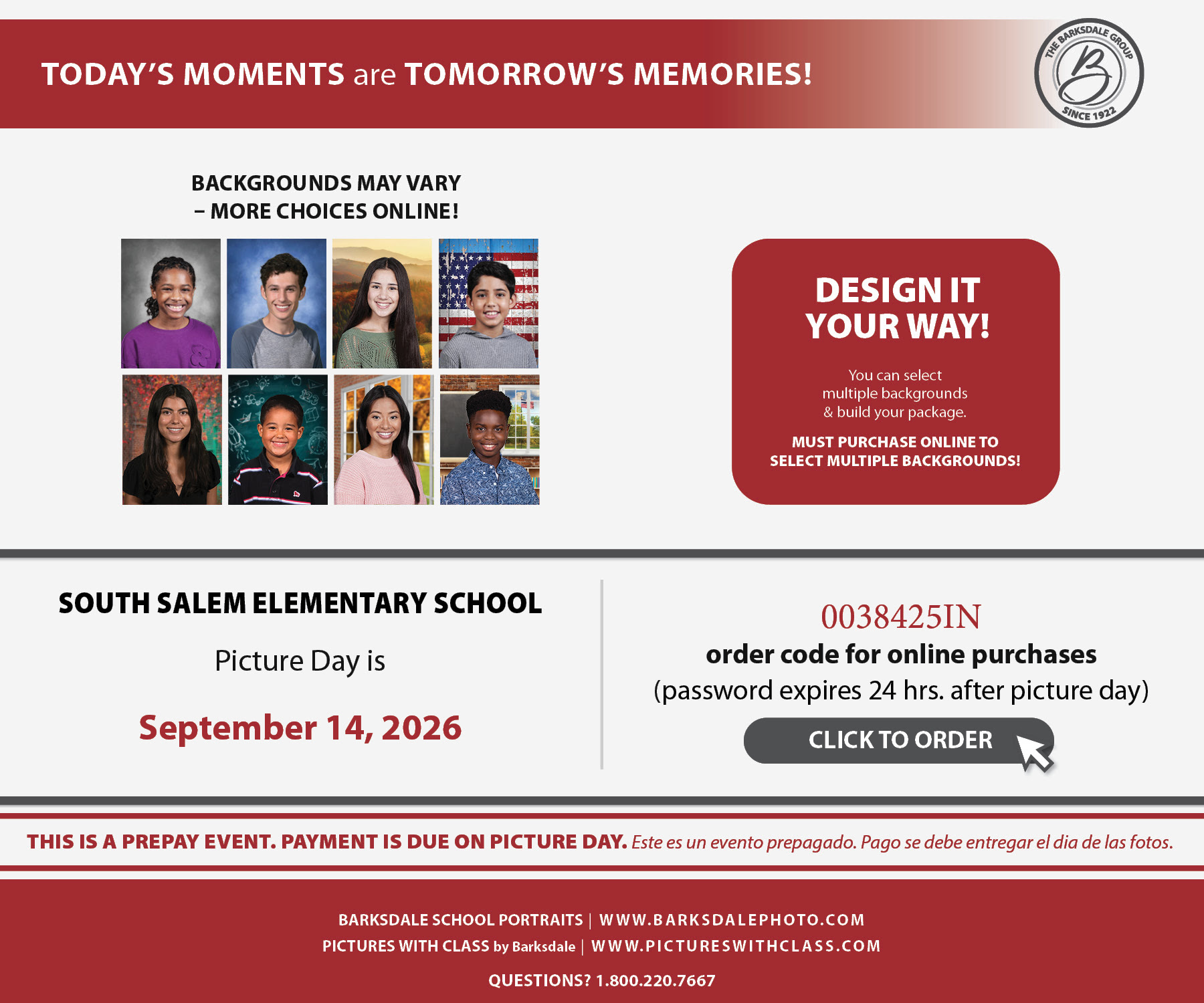 Flyer for picture day, with link to order form