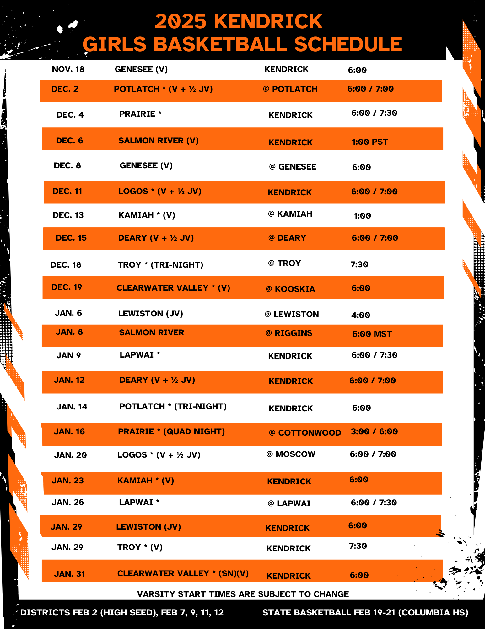 2025 Girls Basketball Schedule