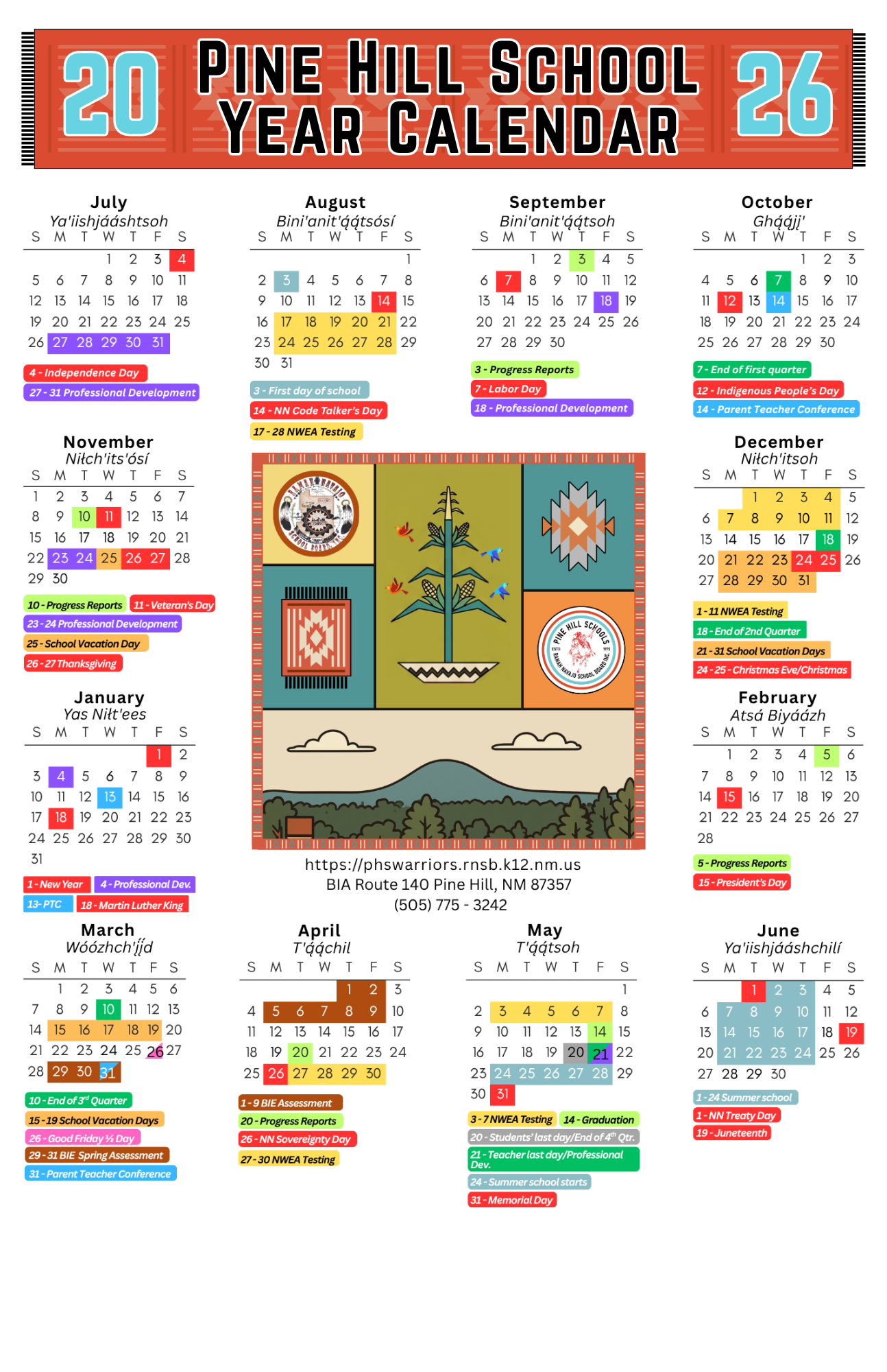2026 - 2027 Pine Hill School Calendar