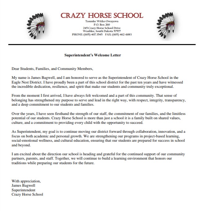 Letter from superintendent
