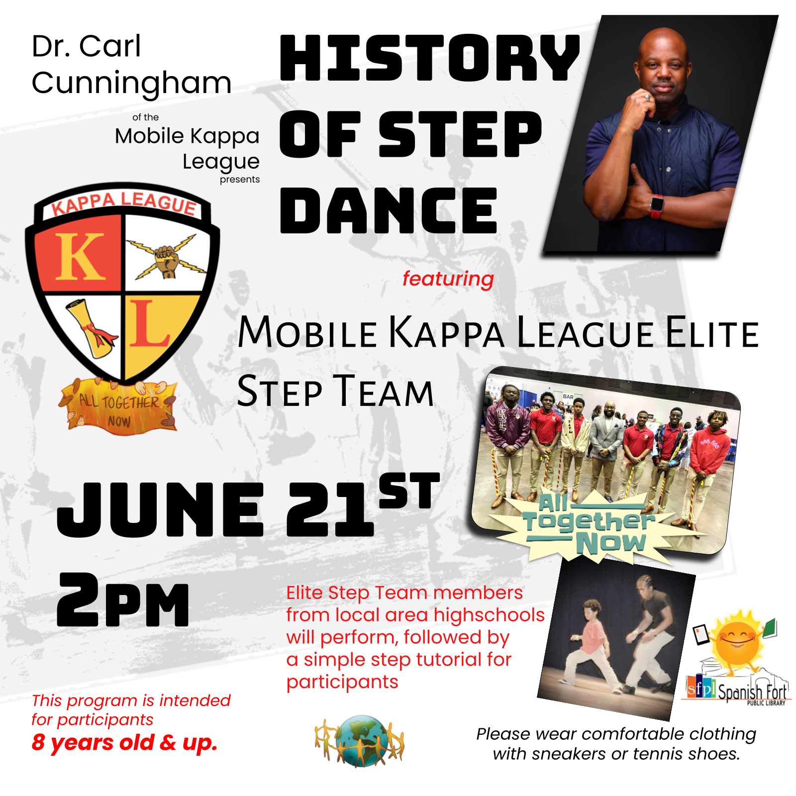 Mobile Kappa League Elite History of Step & Dance Presentation Wednesday, June 21, 2023 at 2:00 p.m. for ages 8 & up. All participants will be given the opportunity to join in a FREE simple step dance routine courtesy of the ELITE Step team members; wear comfortable shoes