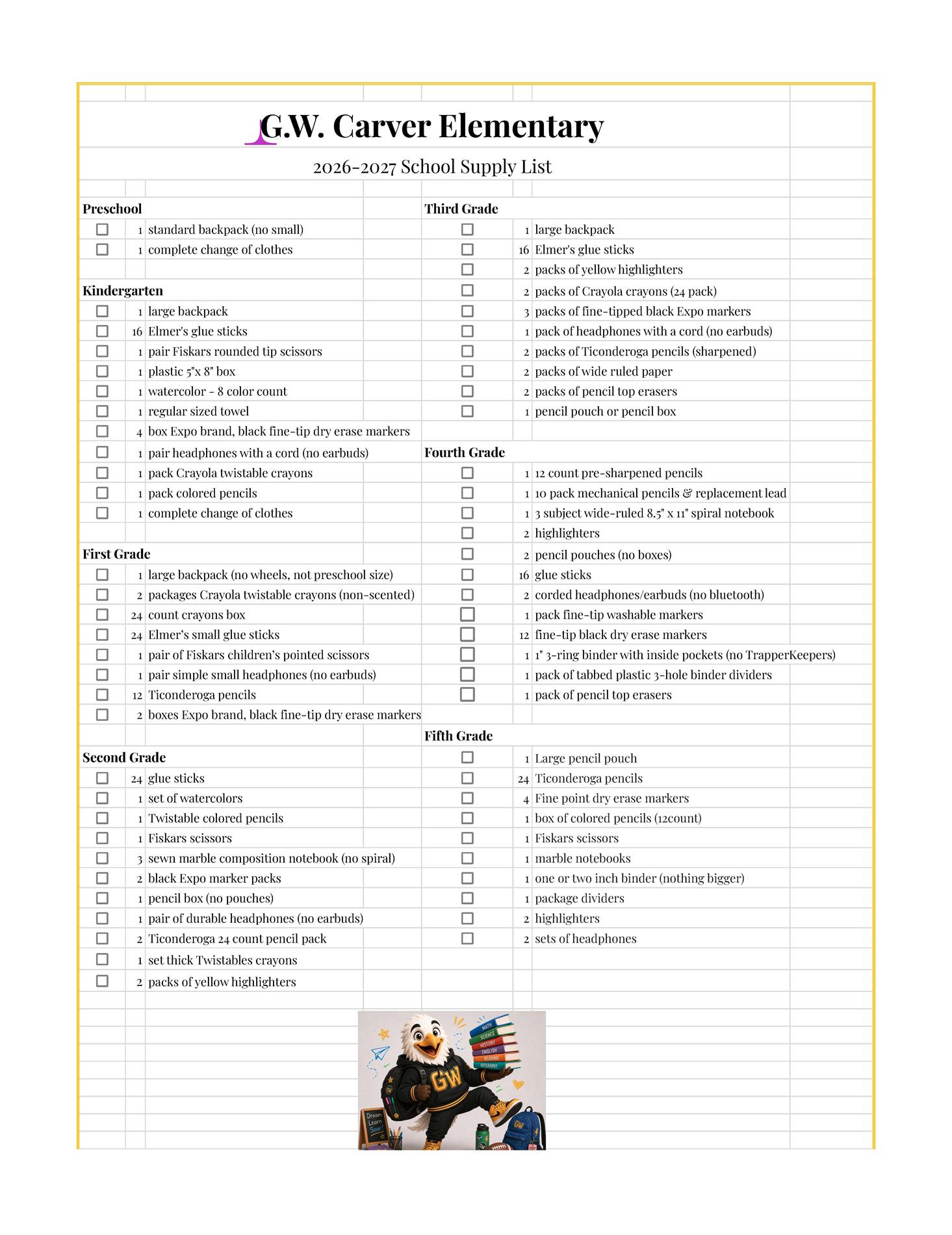 School Supply list, by grade level