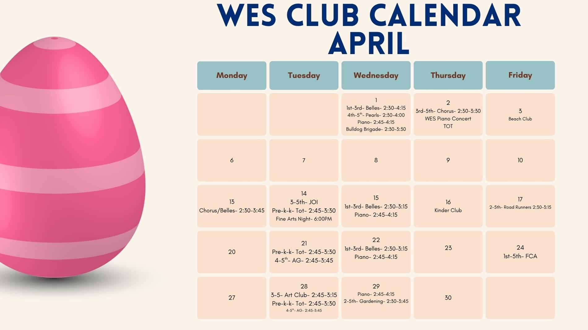 April Club Calendar