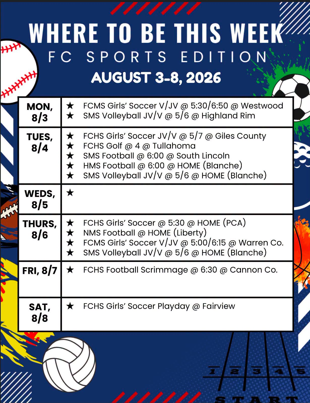 sports schedule for the week of 8/3-8/8