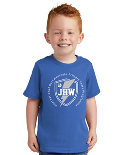 child in blue school tshirt