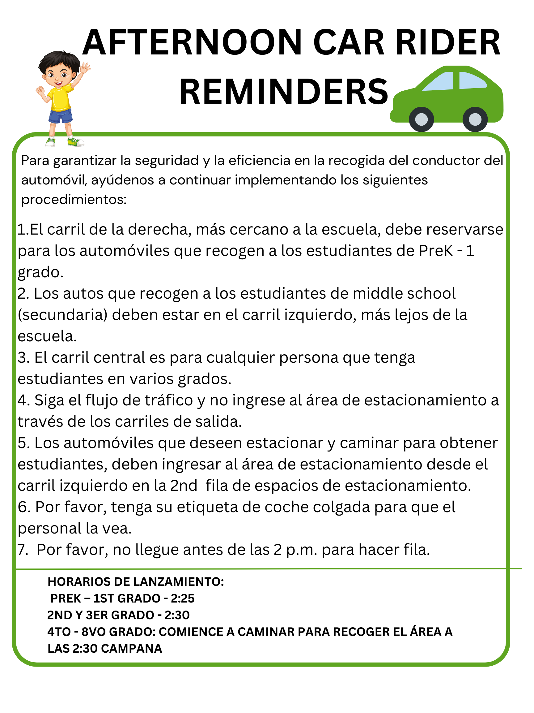 Afternoon Car Rider Reminders in Spanish