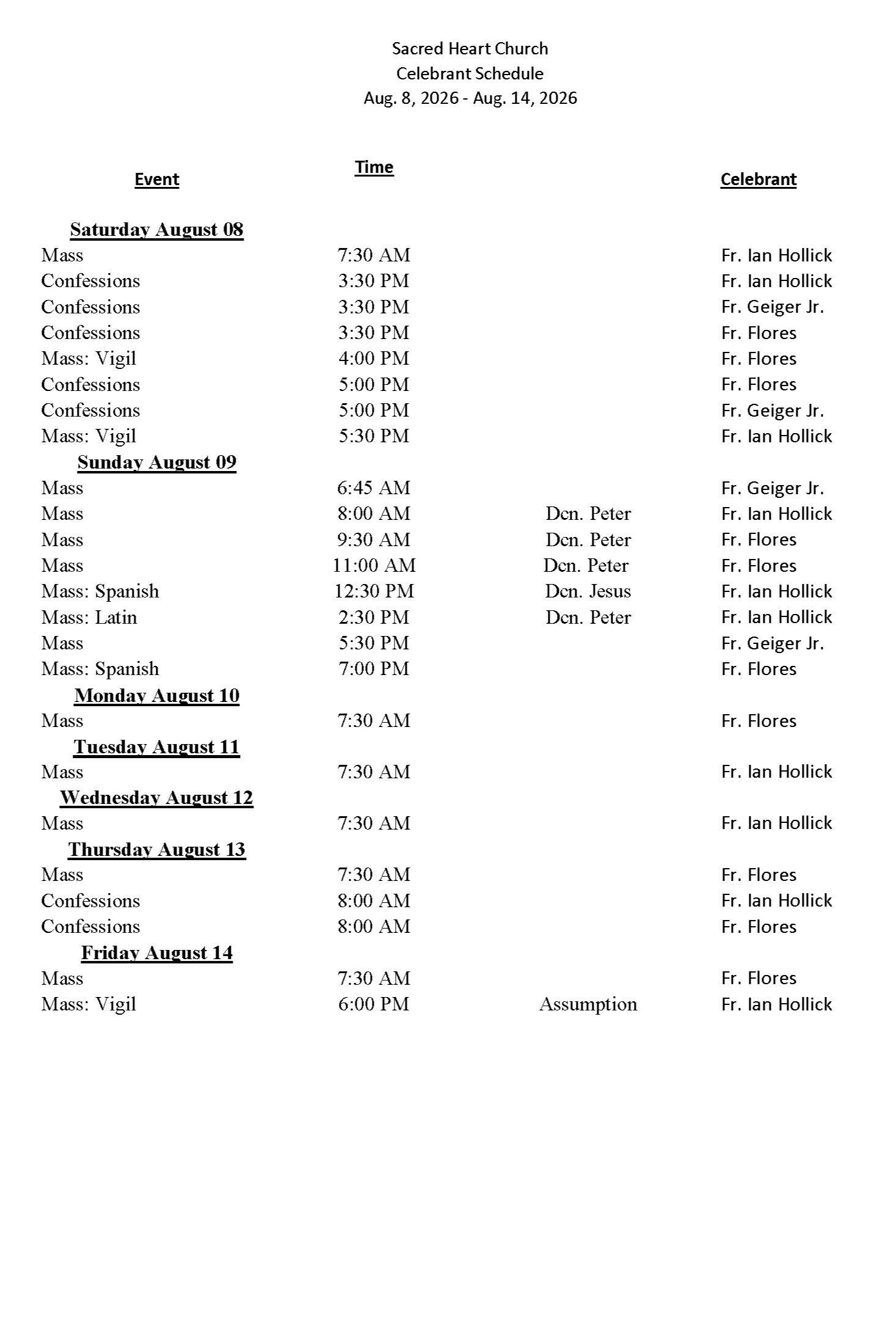 celebrant schedule