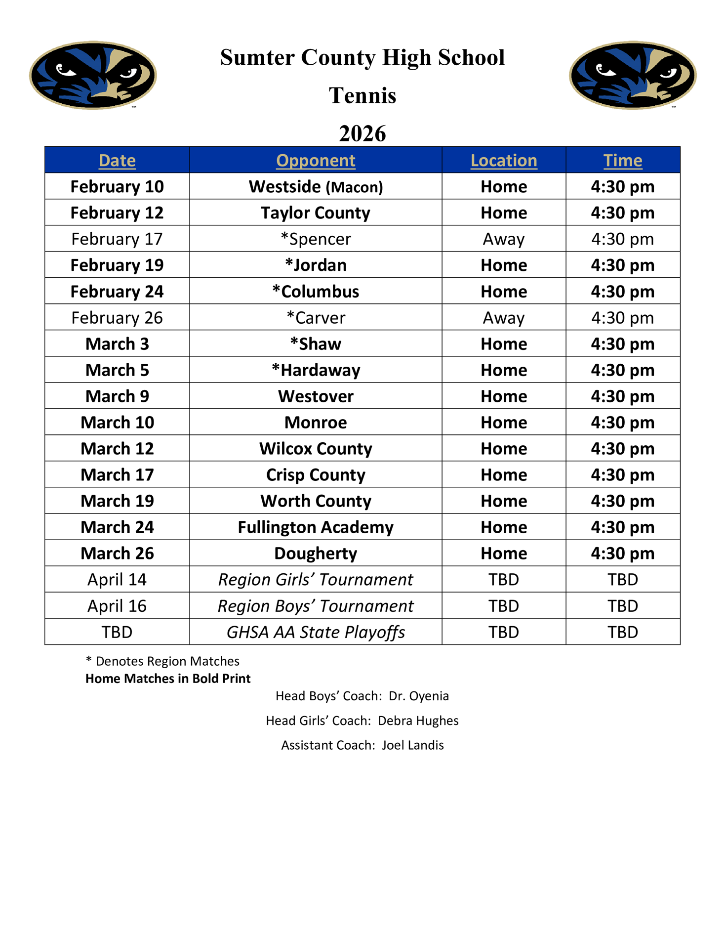 Spring Tennis Schedule 