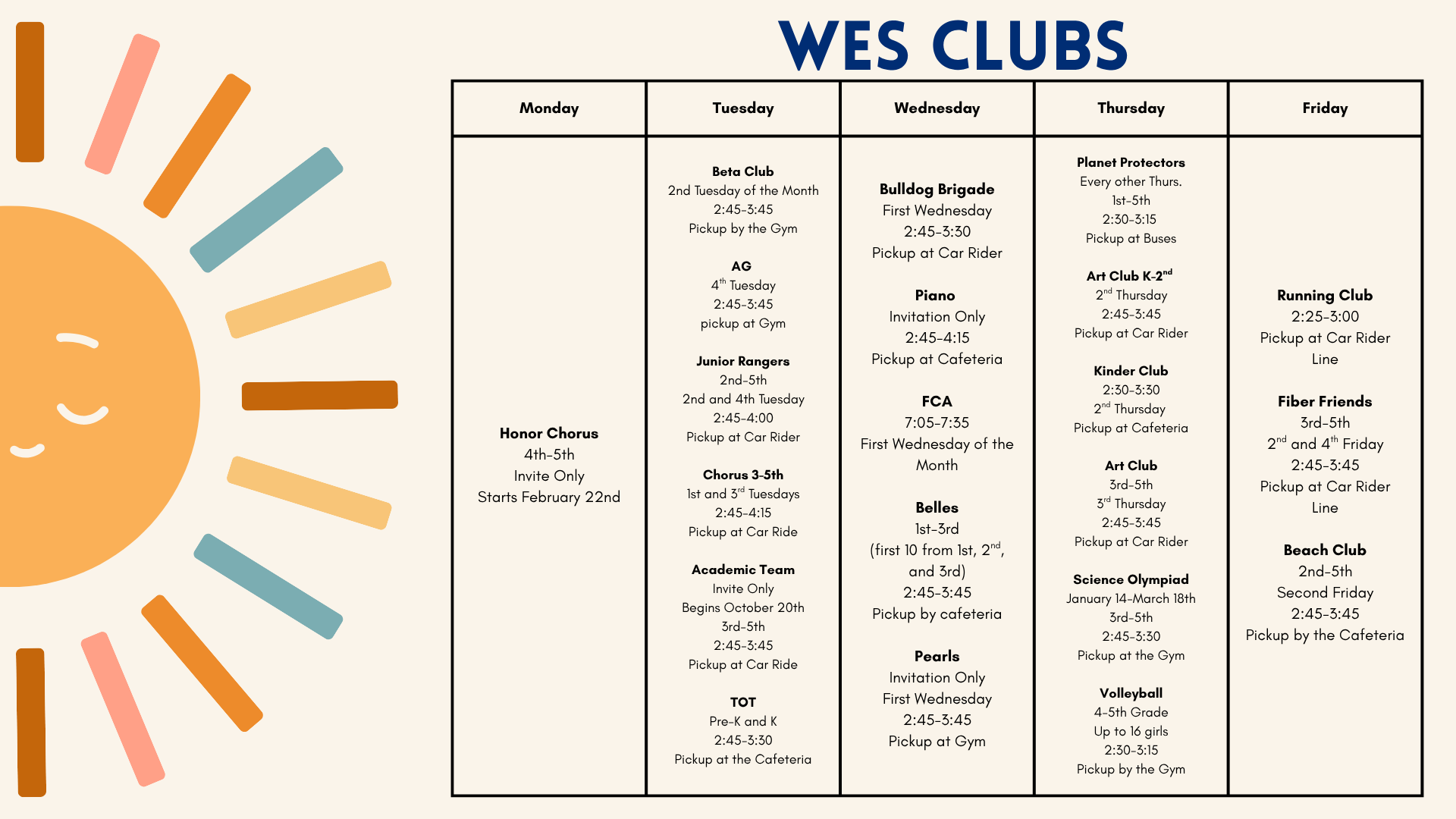 Students have the option to join clubs after school. Clubs will be shared on the morning announcements and the parent bulletin each week. If your student is attending a club, please list in the student agenda. 