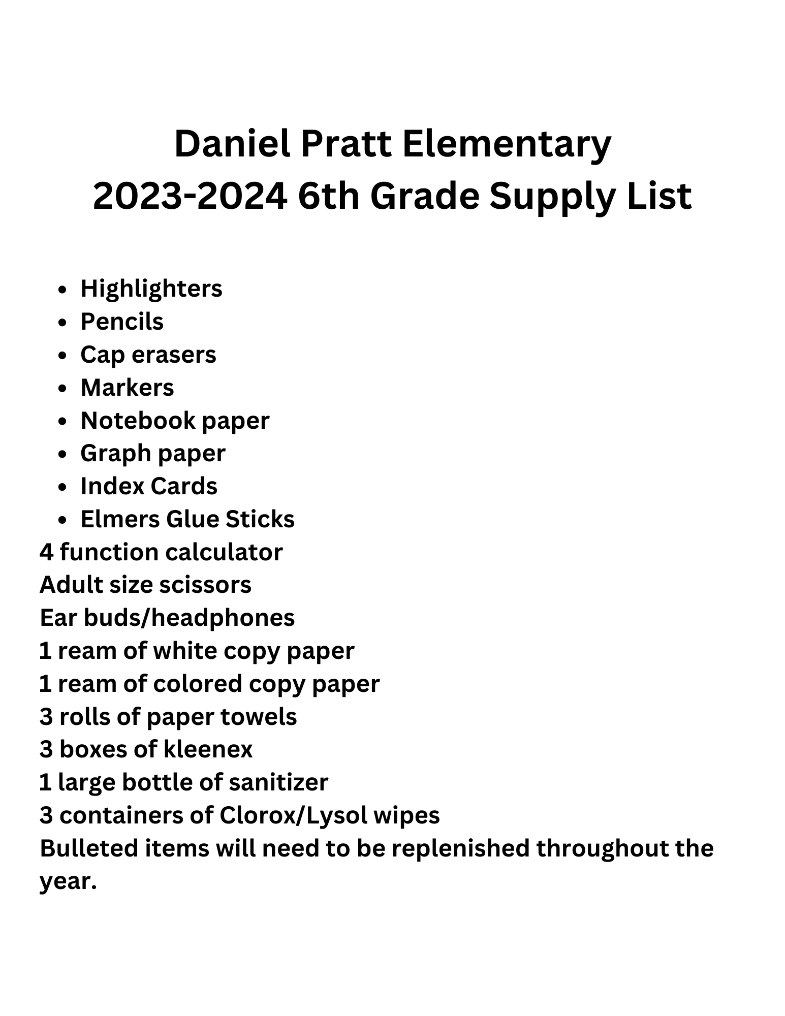 6th grade supply list