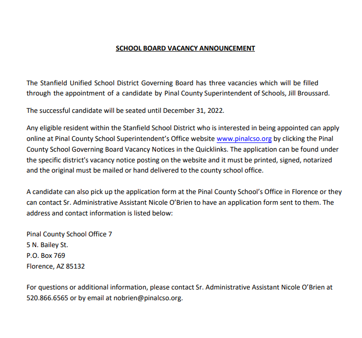 SCHOOL BOARD VACANCY ANNOUNCEMENT