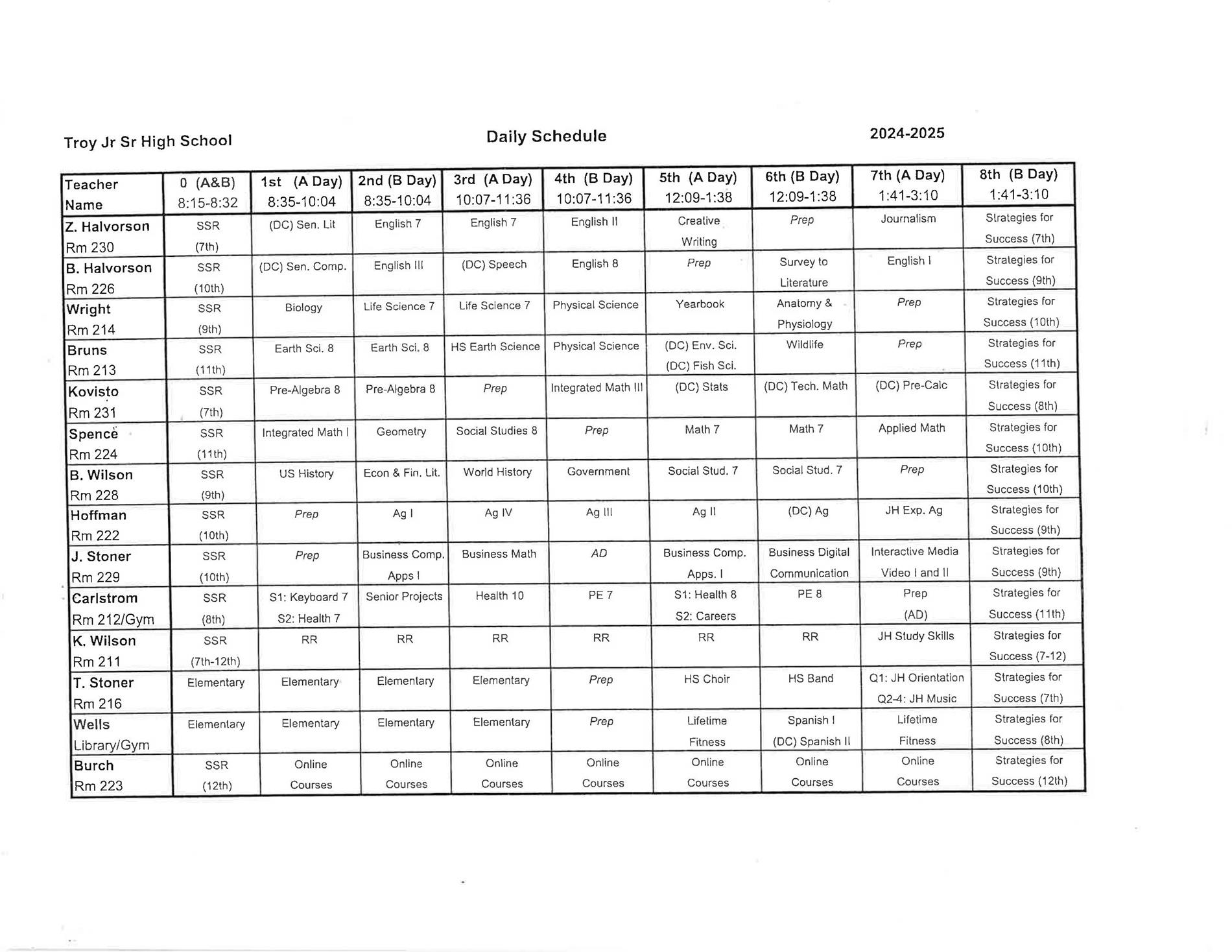 Daily Class Schedule