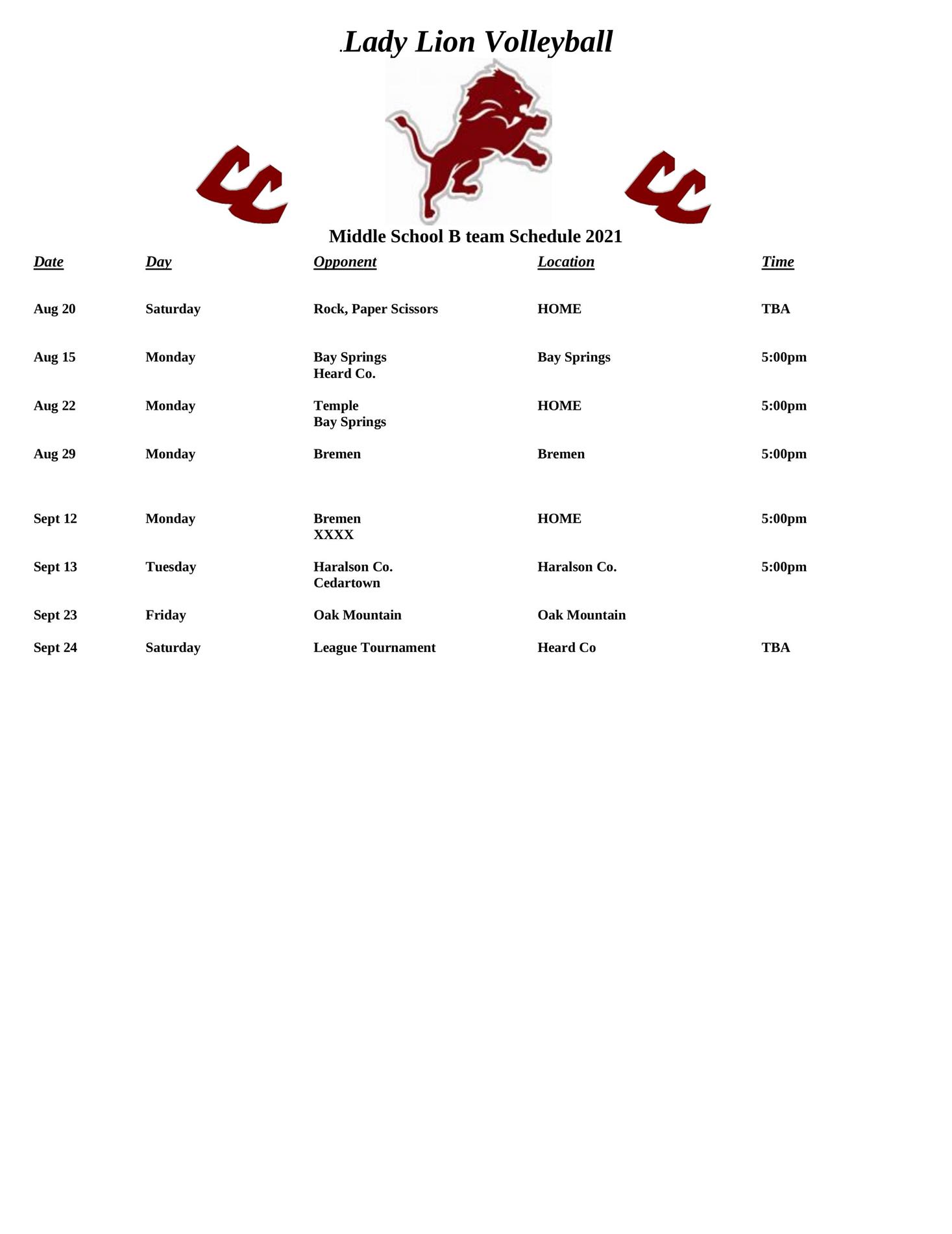 volleyball schedule team B