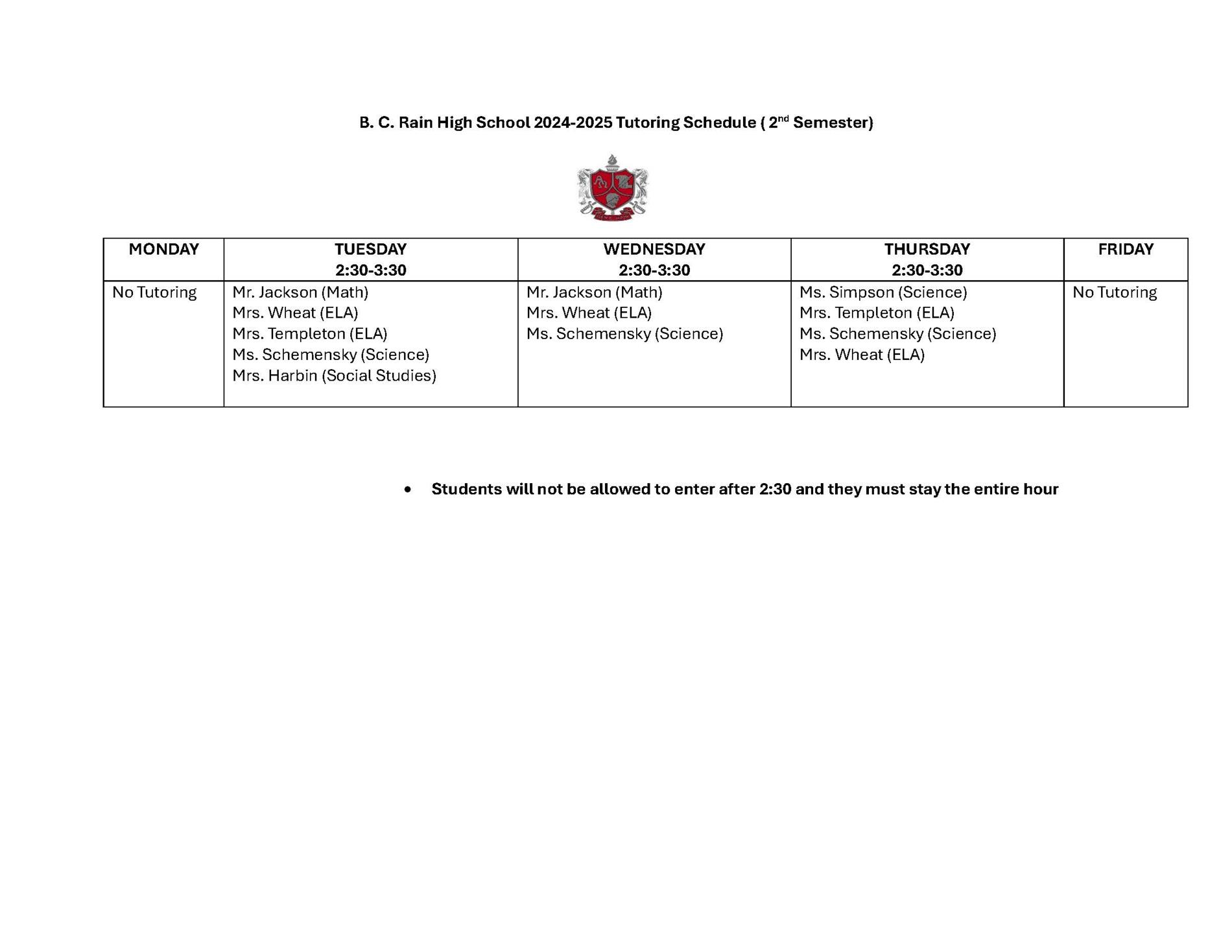 tutoring schedule