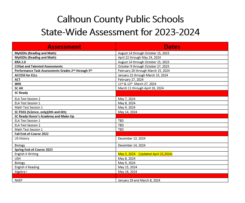 Picture of State-Wide Assessment Calendar
