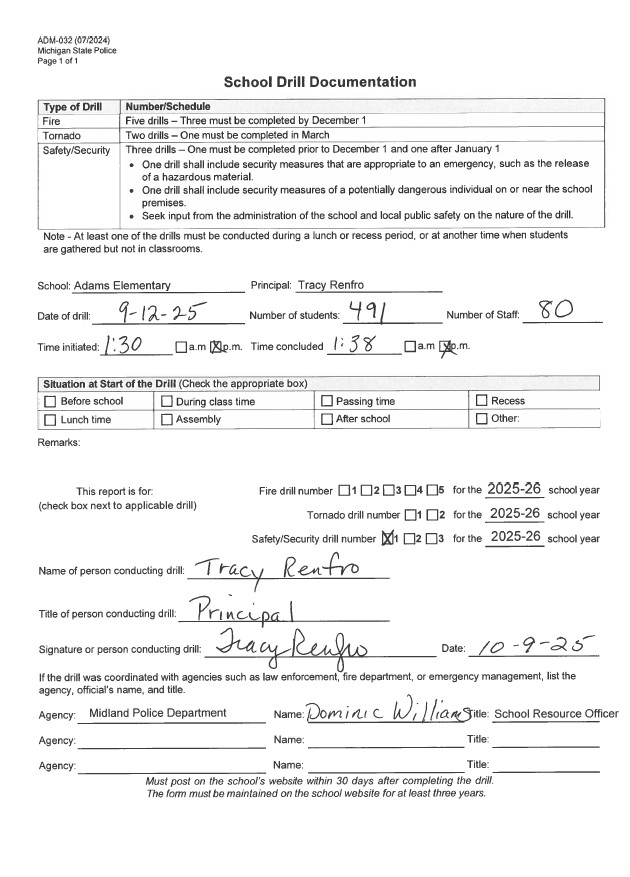Form for Adams Elementary's first safety drill of 2025-2026 Form for Adams Elementary's first safety drill of 2025-2026