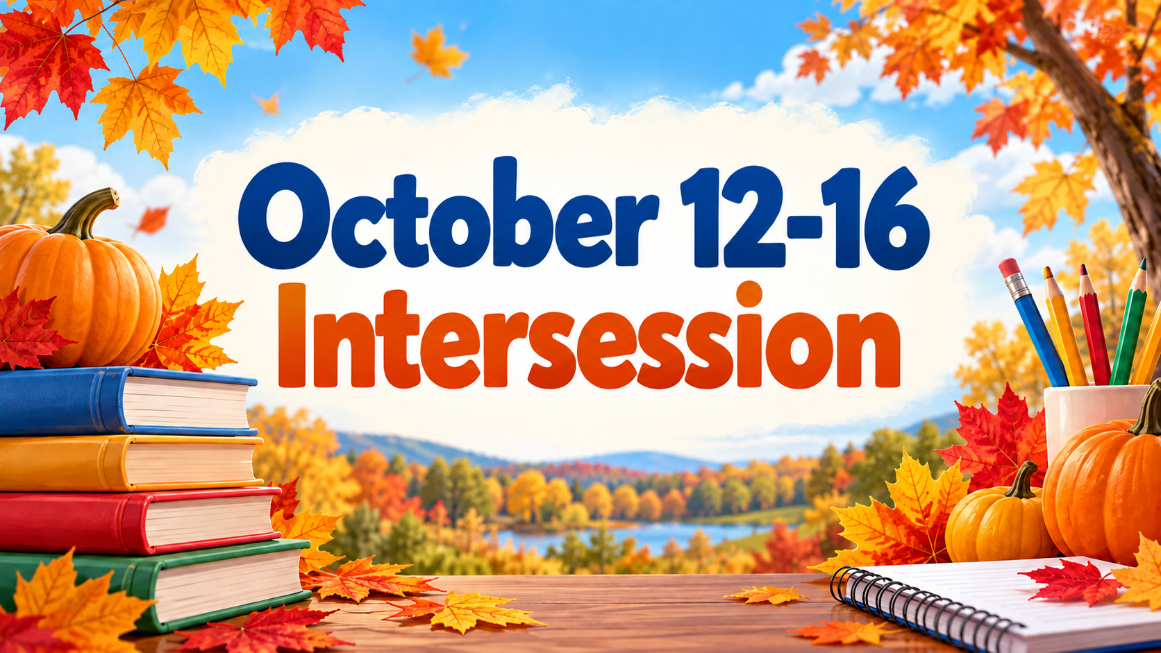 Bright autumn-themed school banner reading “October 12-16 Intersession,” surrounded by colorful fall leaves, pumpkins, stacked books, pencils, and a notebook.