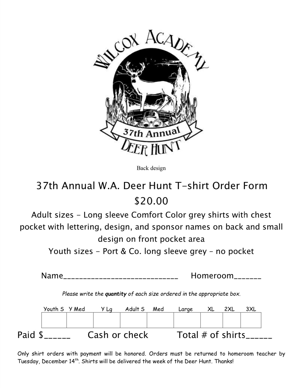 Deer Hunt Tshirt Order Form