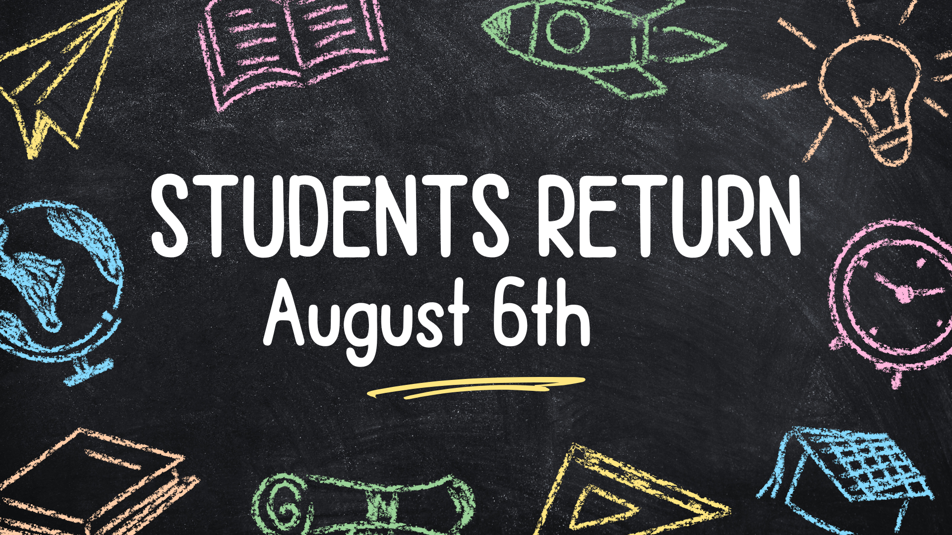 An chalkboard with colorful chalk decorations reminding parents that students return August 6.