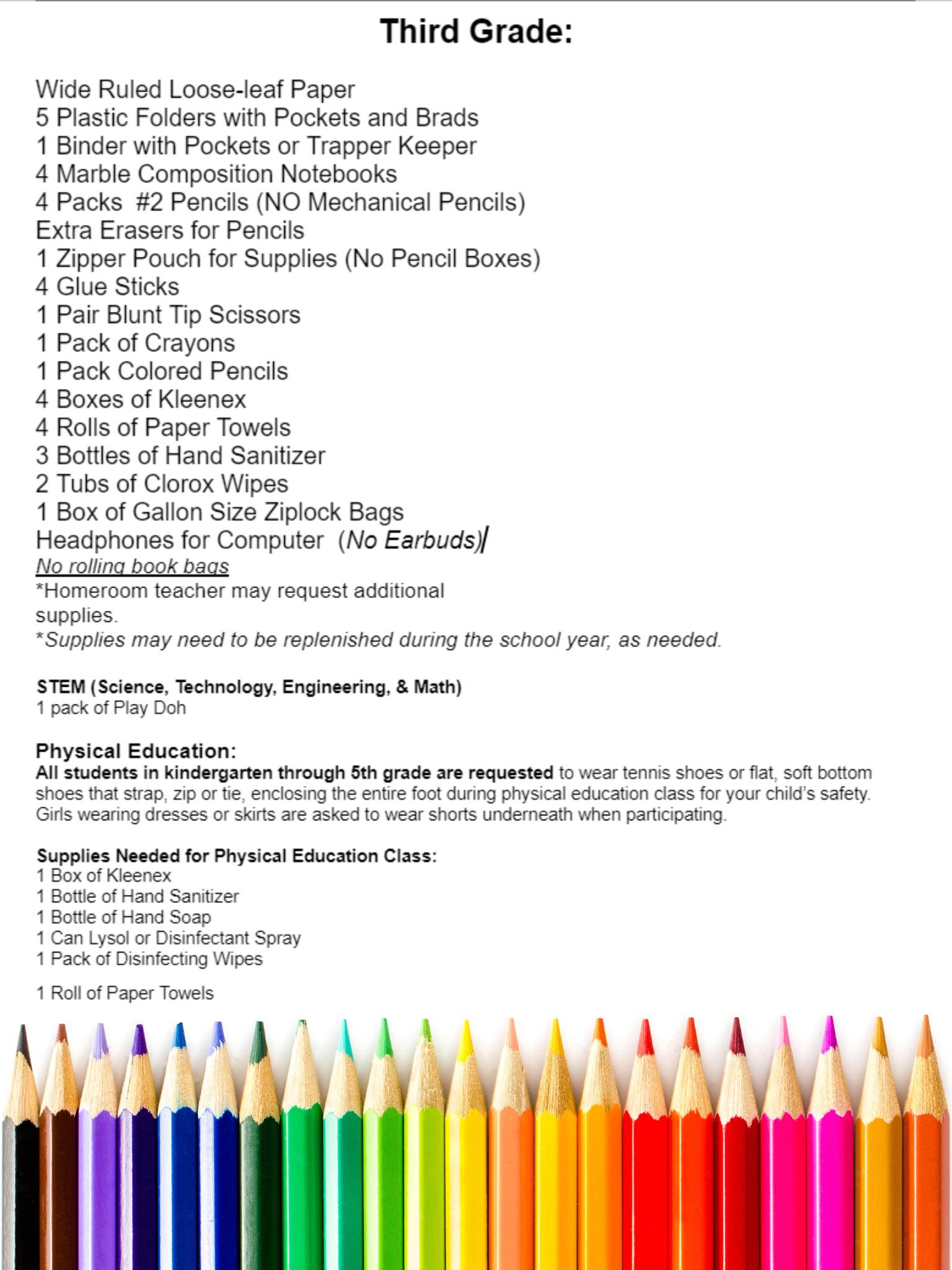 School Supply List 3rd Grade