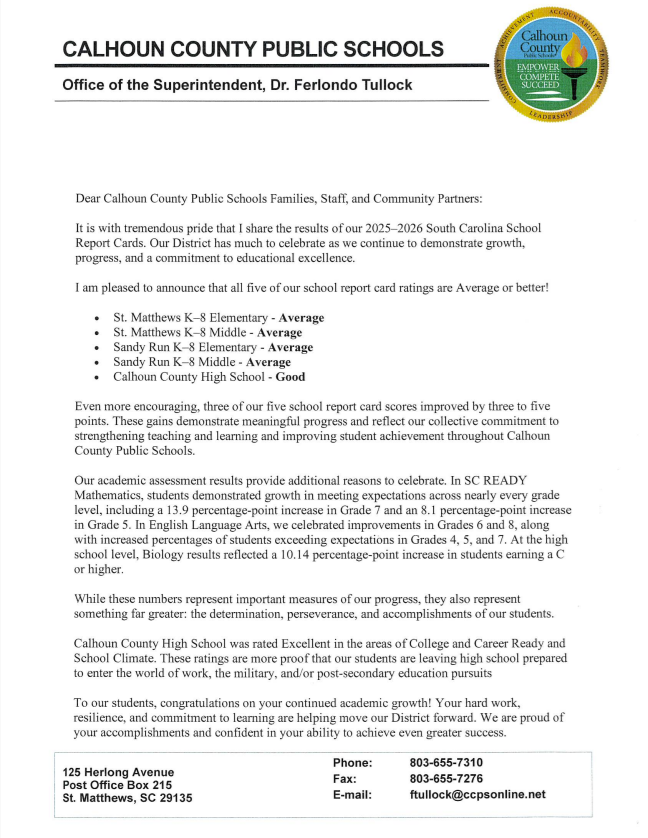 School Report Card Letter