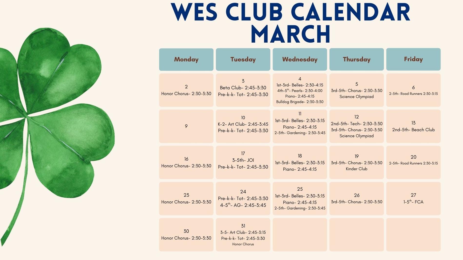 March Club Calendar