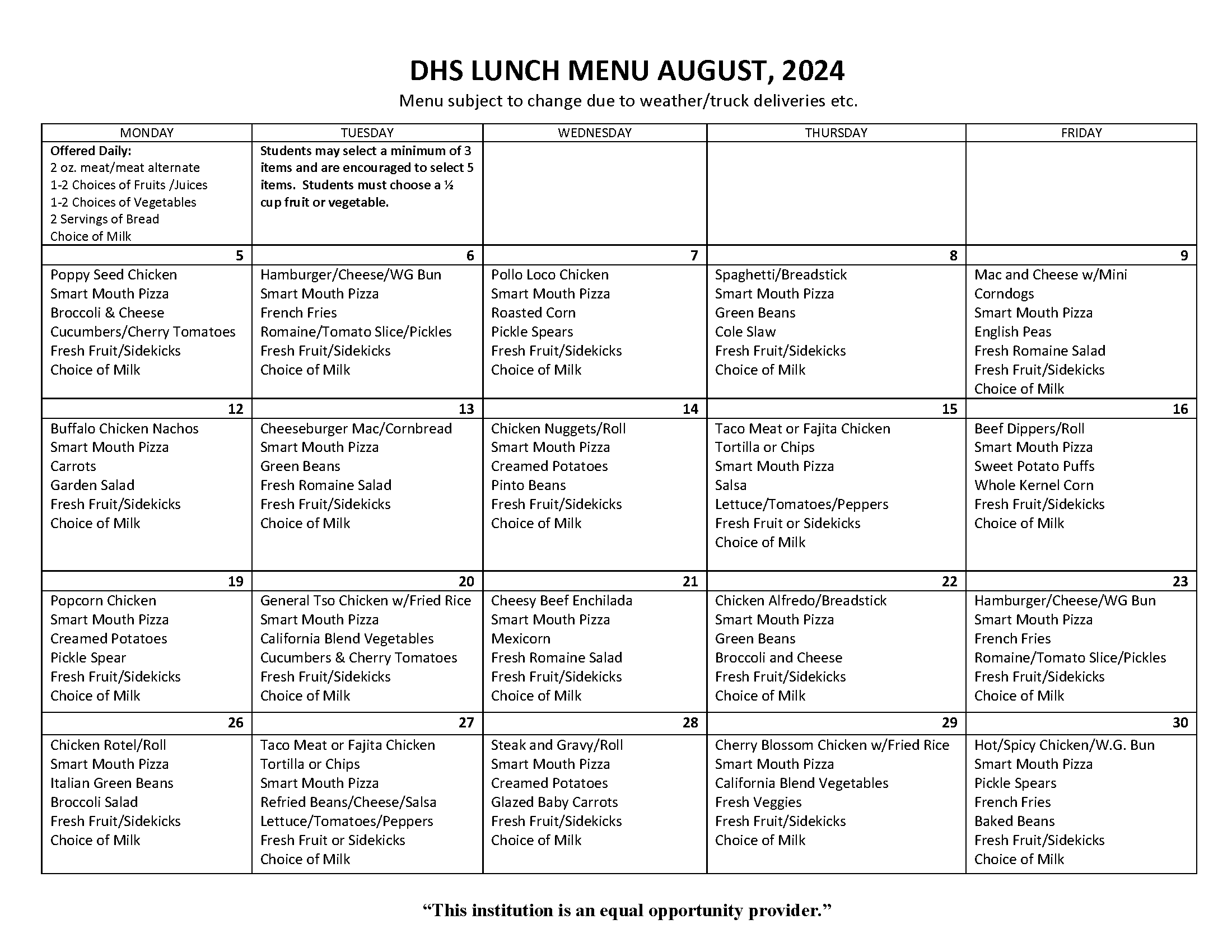 DHS Lunch Menu Page 1
