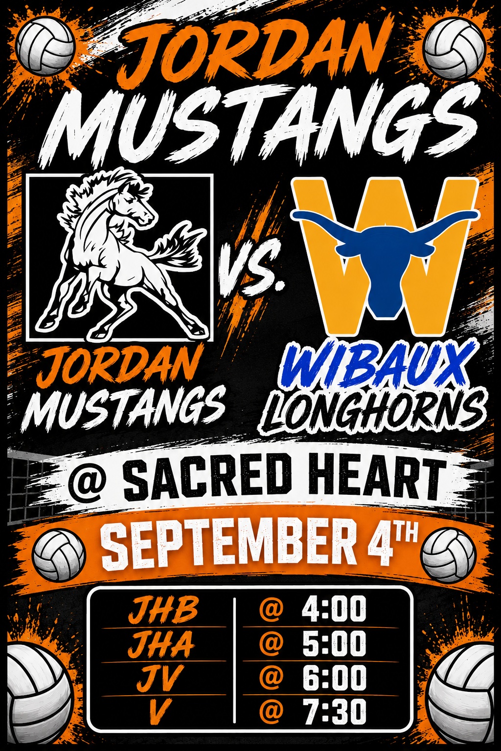 Jordan Mustangs vs. Wibaux Longhorns @ Sacred Heart September 4th JHB @ 4 JHA @ 5 JV @ 6 V @ 7:30